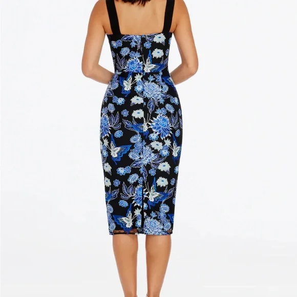 Imperfect NWT Dress the Population embroidered overlay blue floral medium dress - Picture 3 of 17